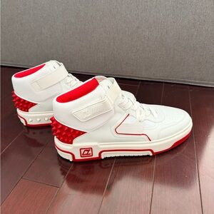 Christian Louboutin White/Red Velcro Hi-Top Sneakers